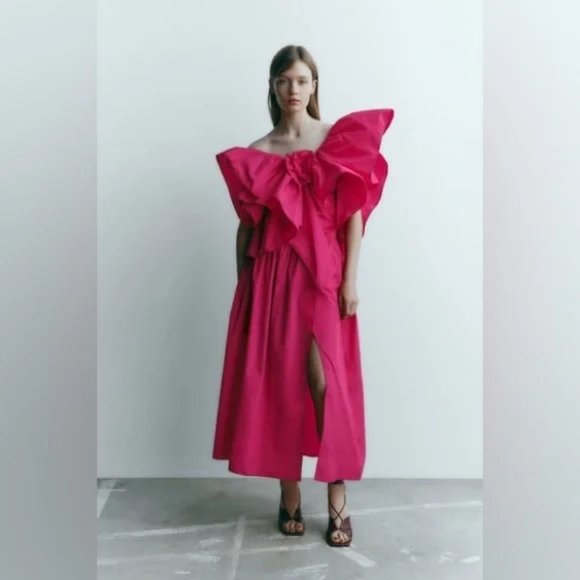 ZARA SET FUCHSIA VOLUMINOUS RUFFLE TOP + SKIRT - Picture 2 of 5